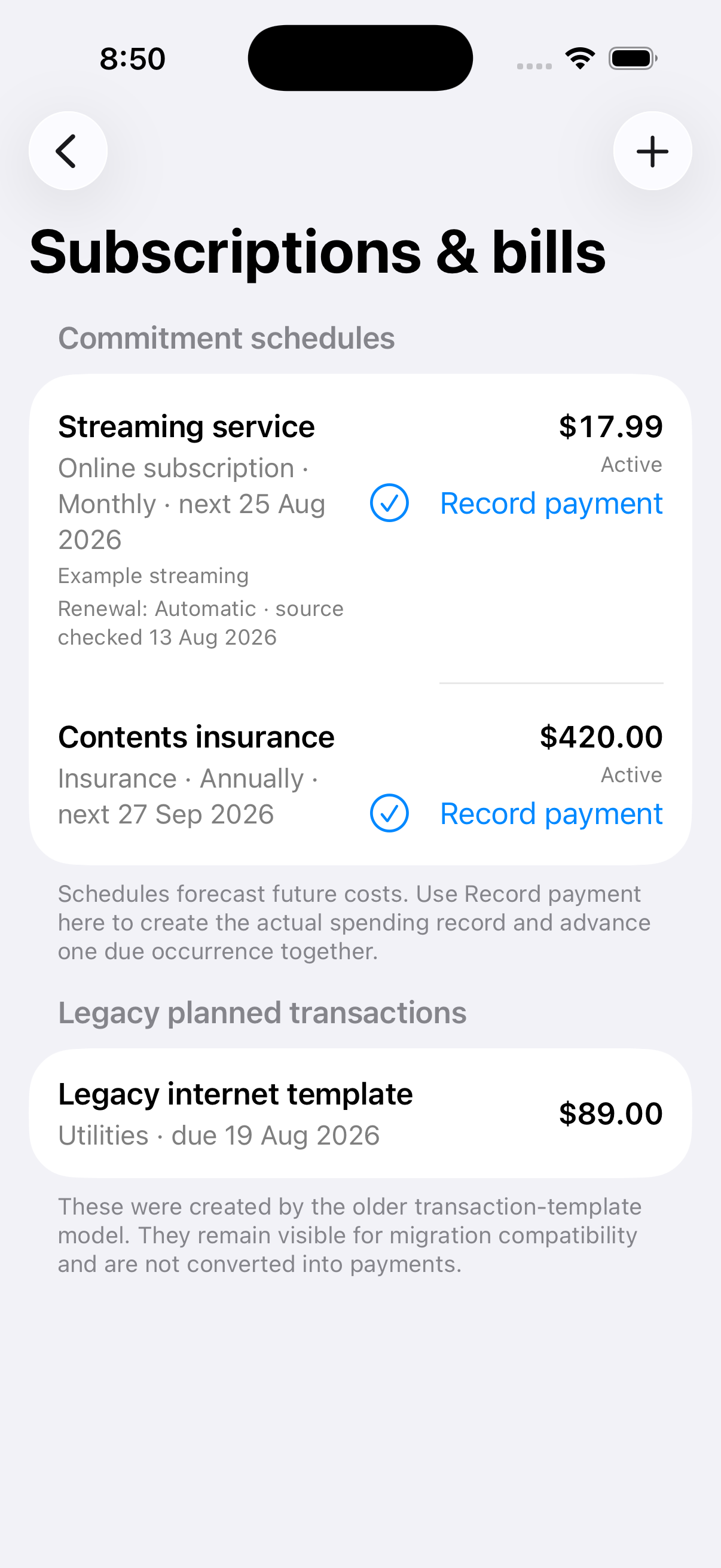 My Budget Canvas Subscriptions and bills screen showing example commitment schedules and record payment actions.