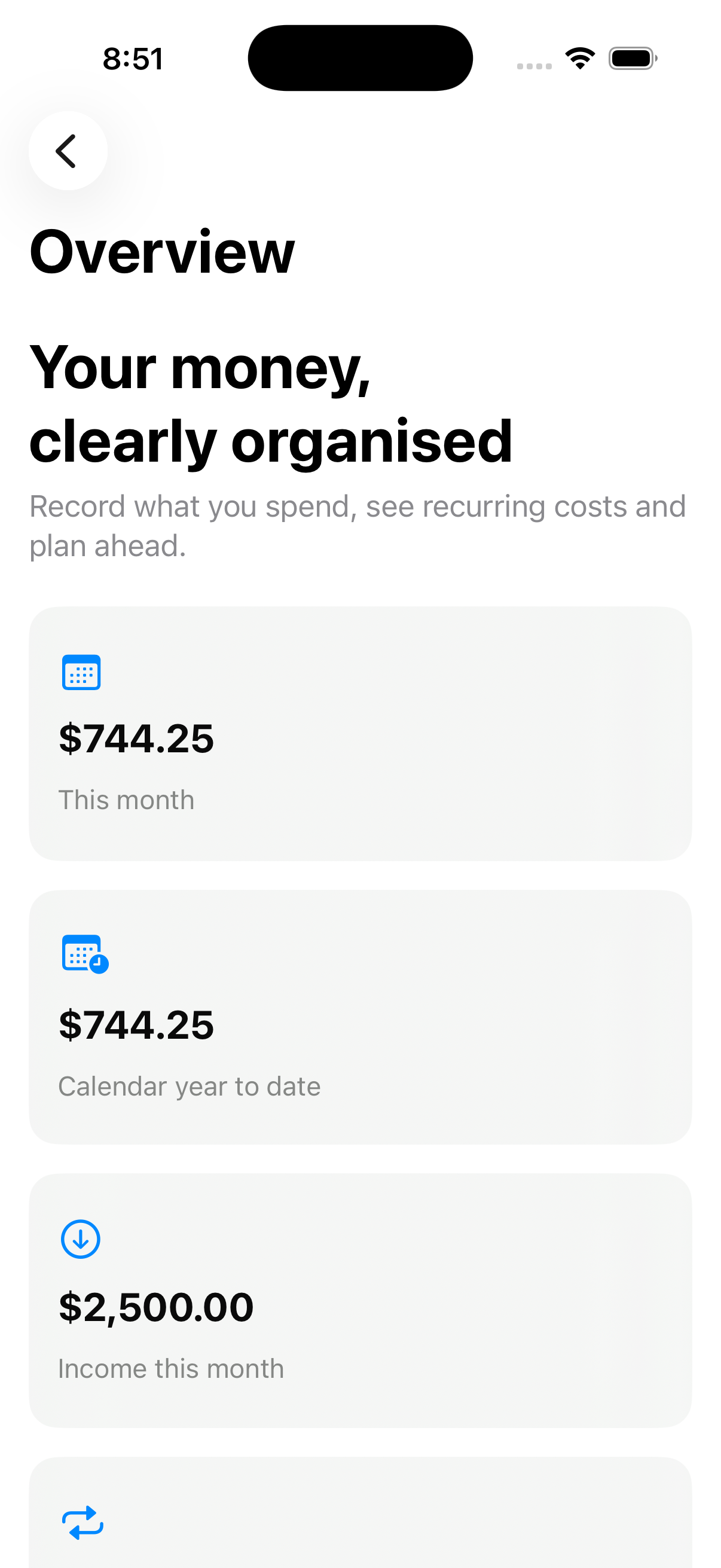 My Budget Canvas Overview showing monthly spending, year-to-date spending and income from temporary demo data.